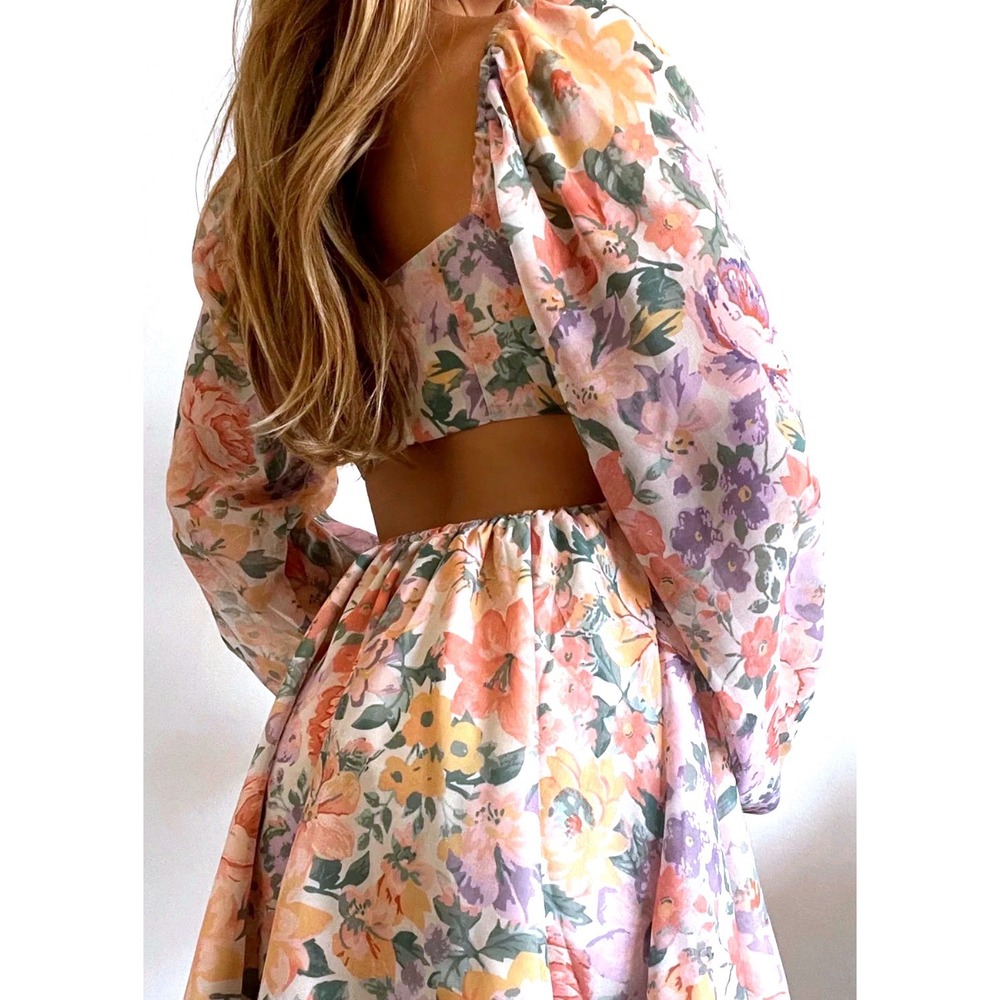 Showpo Floral Puff Sleeve Cut Out Mini Dress Sz US 2 Garden Party Euro Summer - Picture 10 of 10